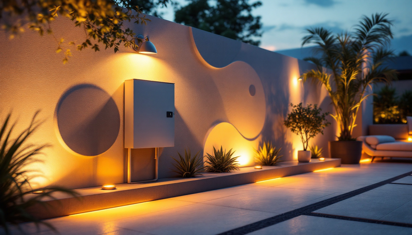 A photograph of a beautifully illuminated outdoor space featuring an electrical box seamlessly integrated into the design