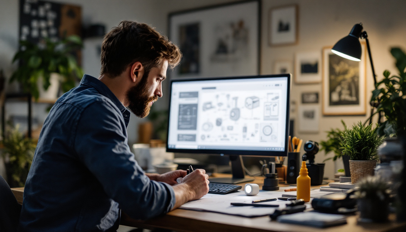 A photograph of a designer or engineer intently working on a prototype of an exterior light motion sensor