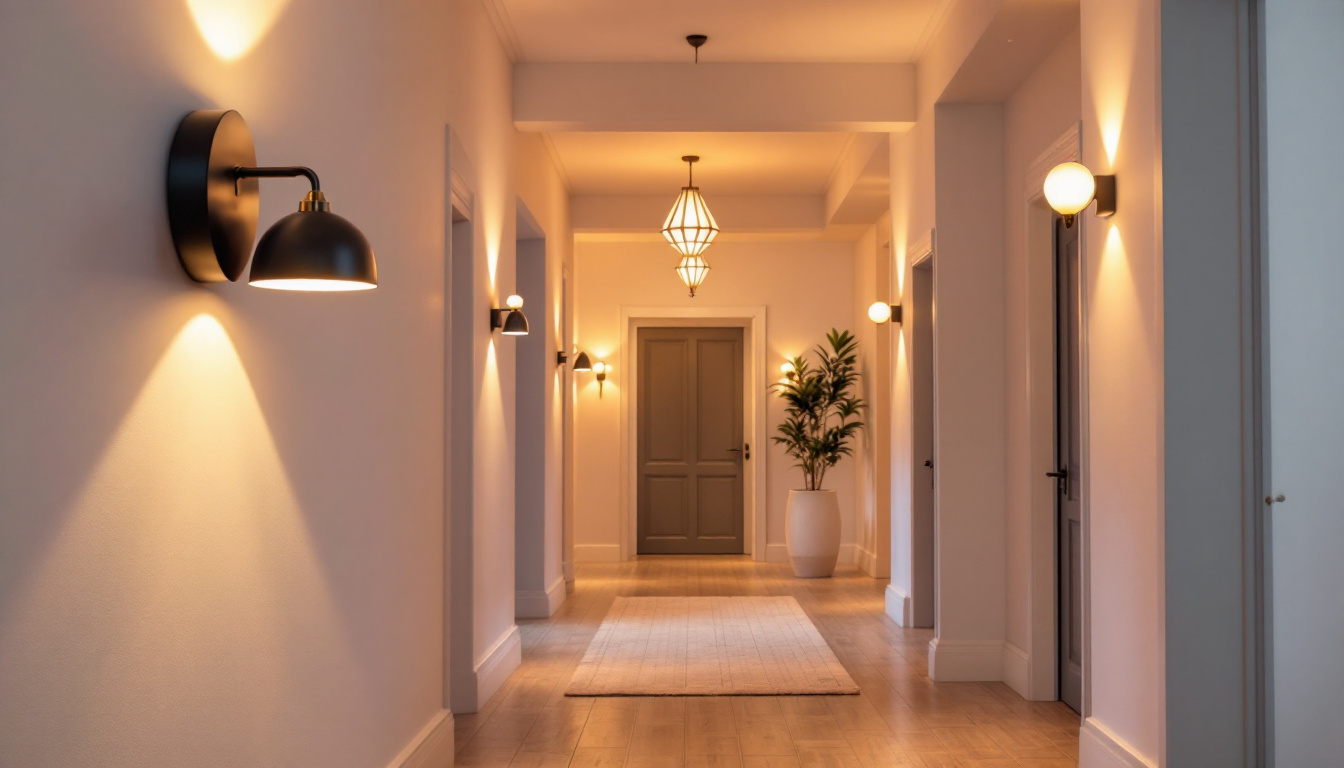 A photograph of a beautifully designed hallway featuring various wall light fixtures