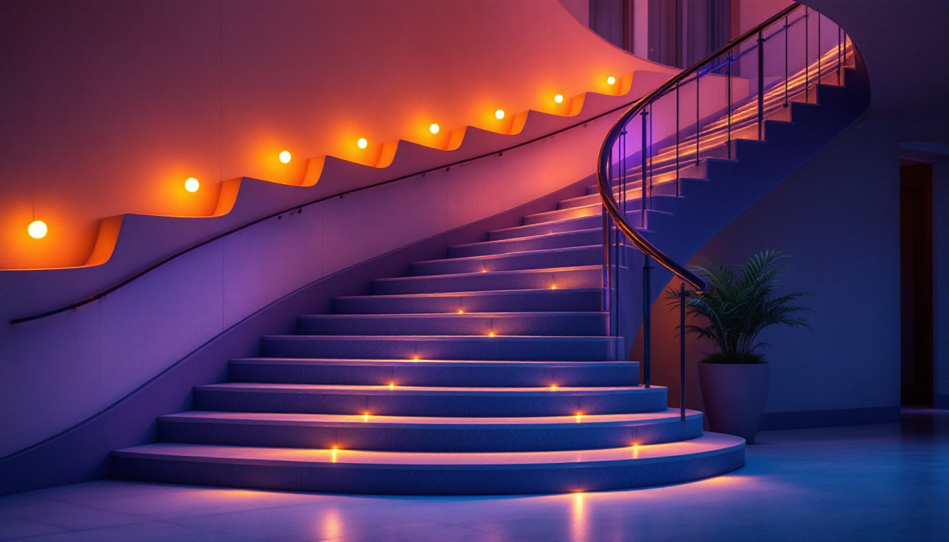 A photograph of a beautifully illuminated staircase at dusk