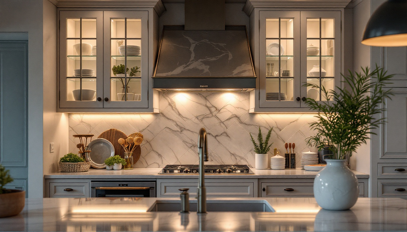 A photograph of a beautifully designed kitchen featuring well-placed in-cabinet lighting that highlights the interior of the cabinets