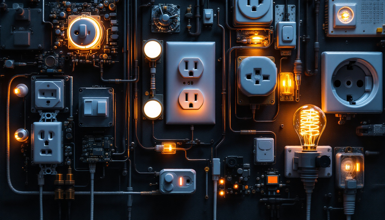 A photograph of a creative and visually striking arrangement of various electrical outlets and circuits