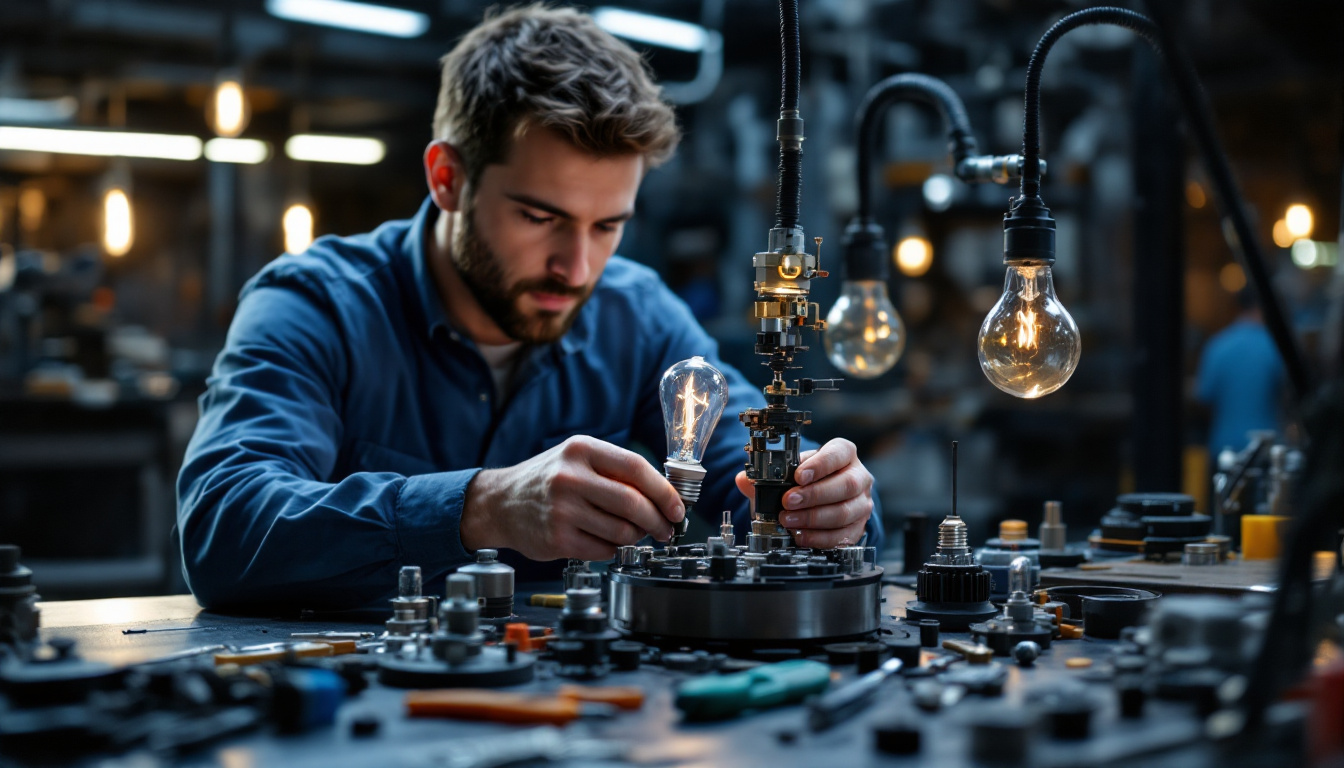 A photograph of a skilled technician meticulously assembling various components of an incandescent bulb base in a well-lit workshop