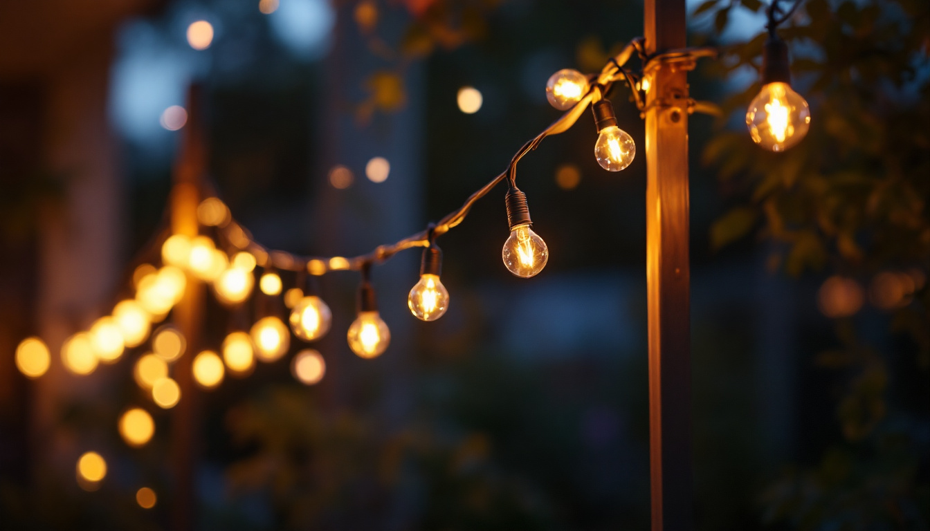 A photograph of capture a photograph of a beautifully illuminated outdoor space featuring string lights elegantly anchored to poles