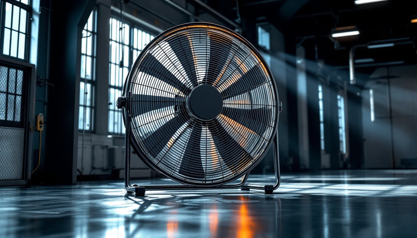 A photograph of a modern industrial large fan in a well-lit environment