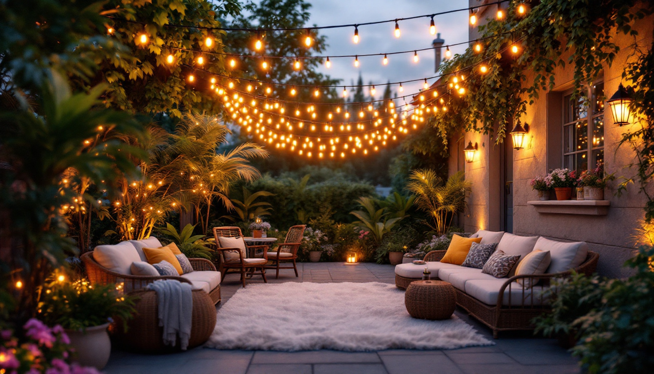 A photograph of a beautifully decorated patio at dusk