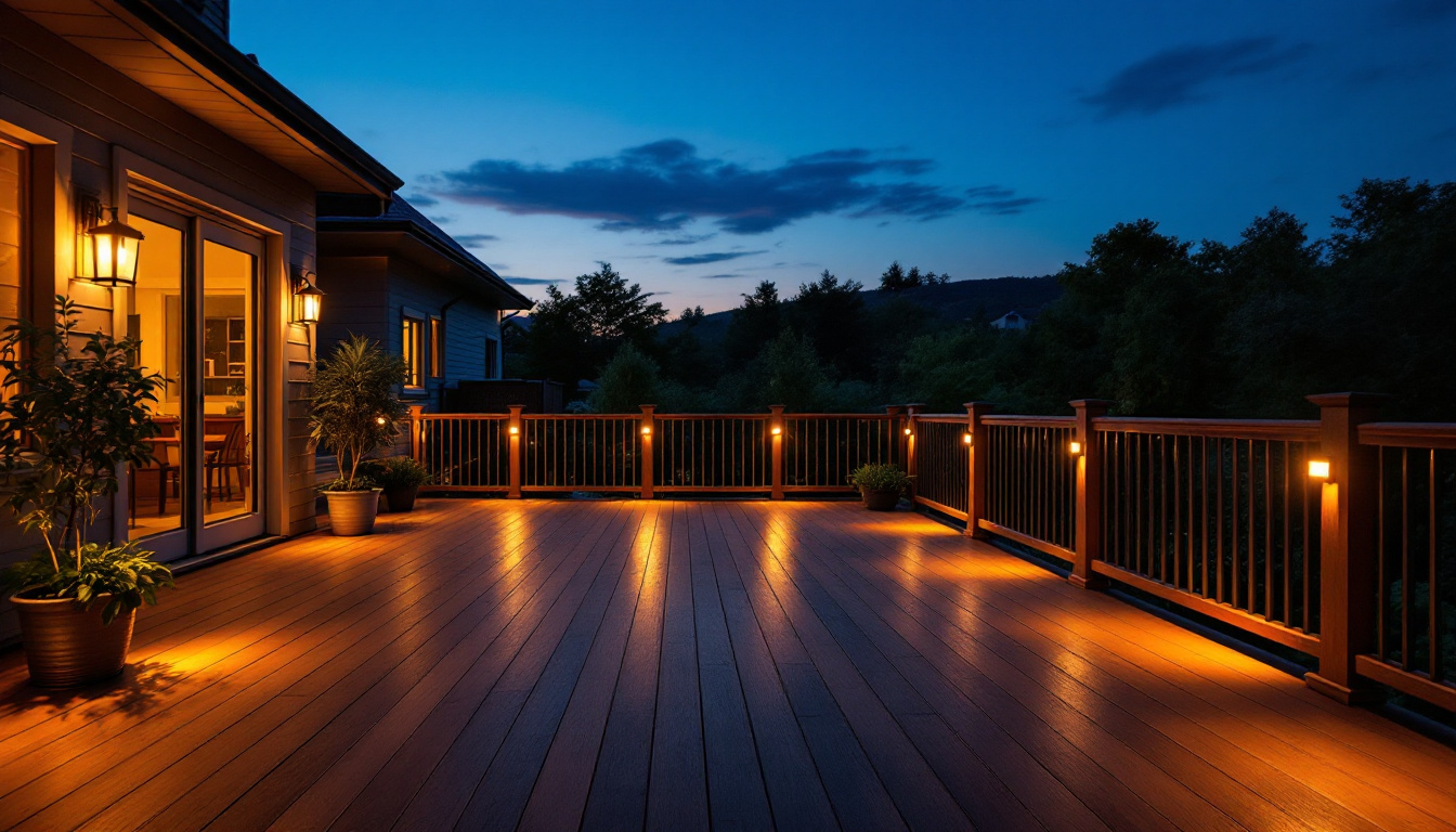 A photograph of a beautifully illuminated outdoor deck at dusk