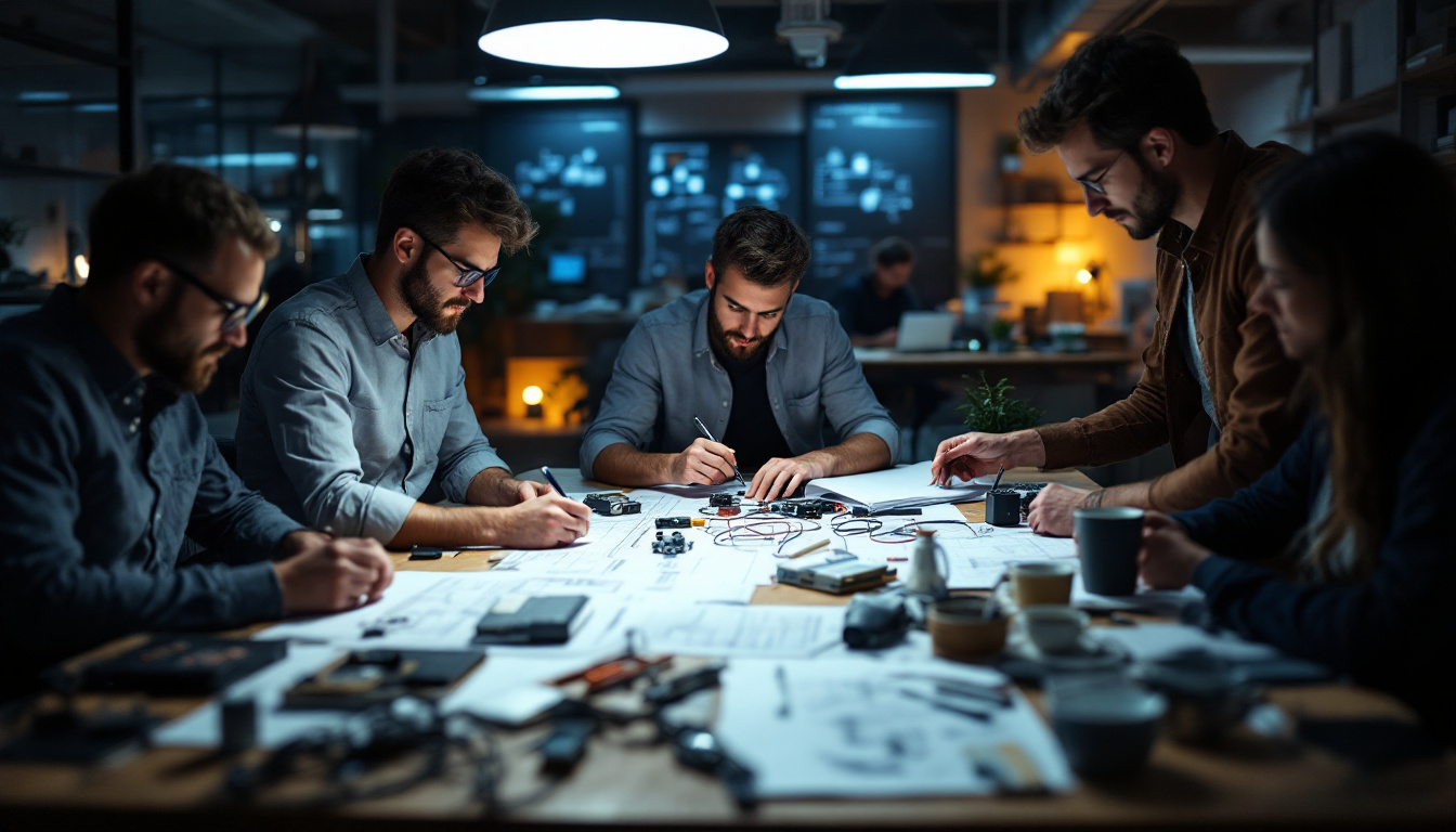 A photograph of a dynamic scene showcasing a team of engineers and designers collaborating around a table filled with blueprints