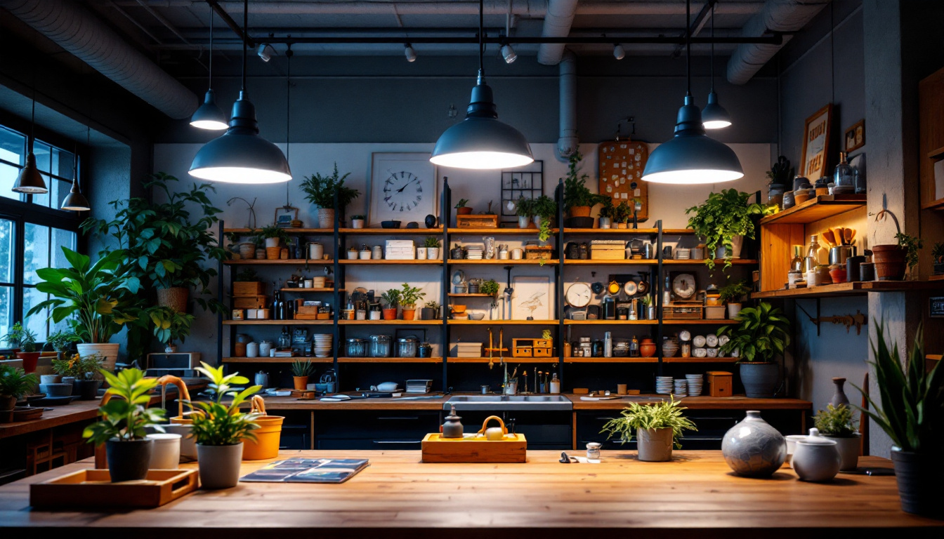A photograph of a well-lit workshop or retail space showcasing the hanging shop lights in action