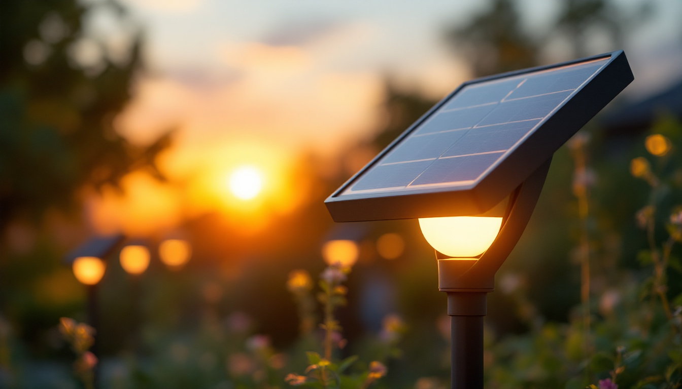 A photograph of a modern solar light installation in a vibrant outdoor setting