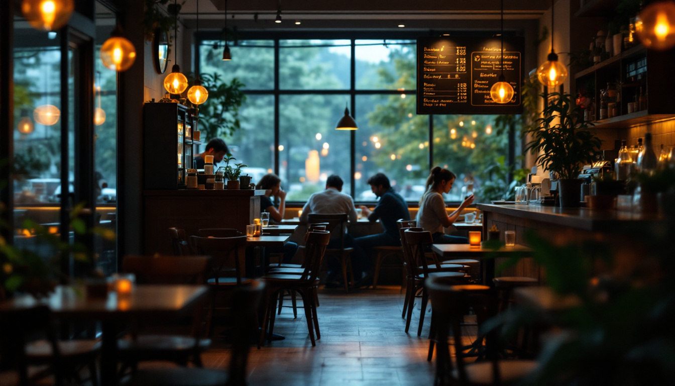 A photograph of a cozy café interior illuminated by warm
