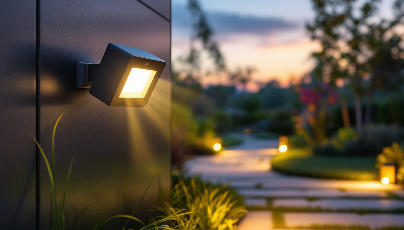 A photograph of a modern outdoor motion light in action