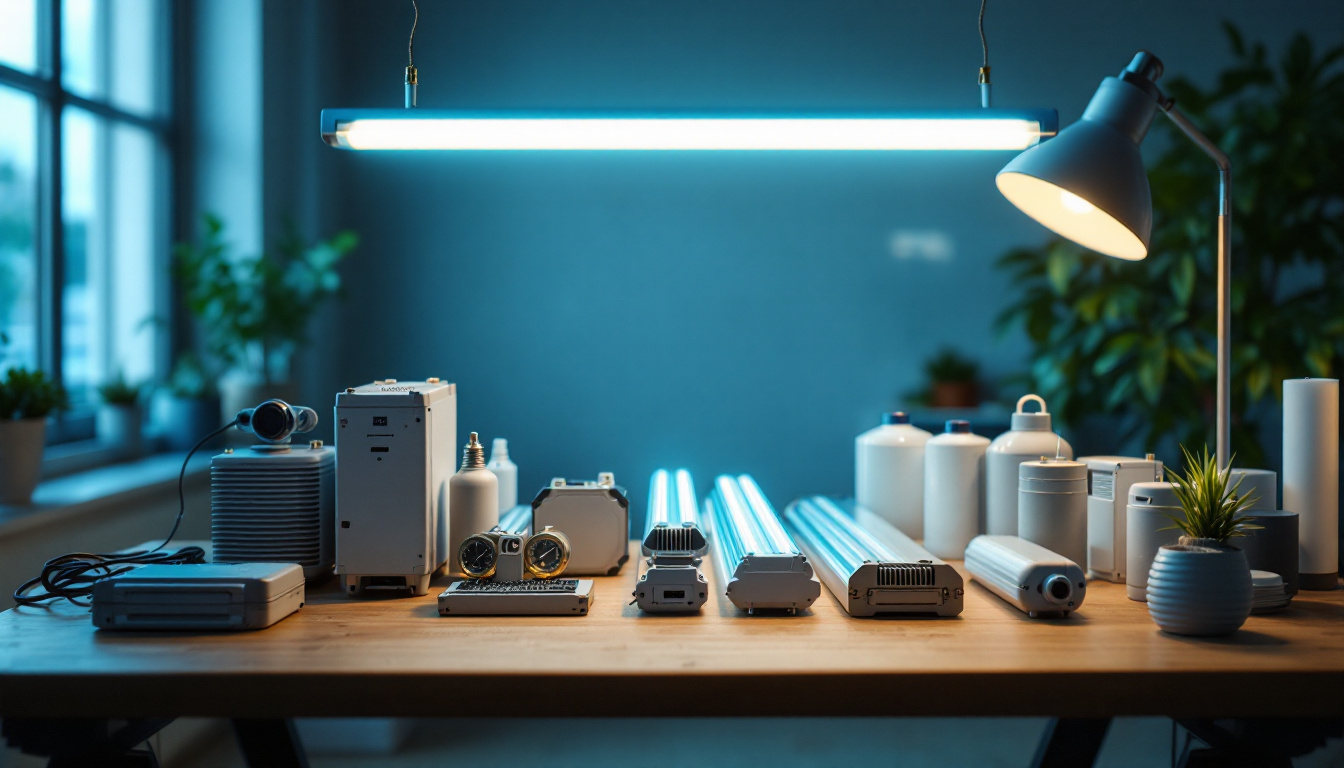 A photograph of a well-lit workspace showcasing various types of fluorescent tube ballasts alongside fluorescent tubes