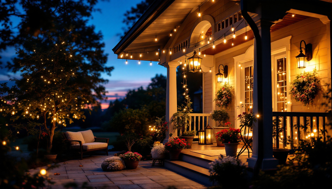 A photograph of a beautifully illuminated outdoor porch featuring stylish light fixtures that create a warm and inviting atmosphere