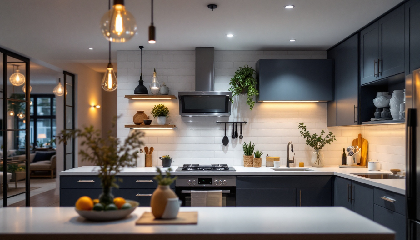 A photograph of a beautifully designed kitchen featuring a variety of ceiling lights that highlight the space's functionality and style