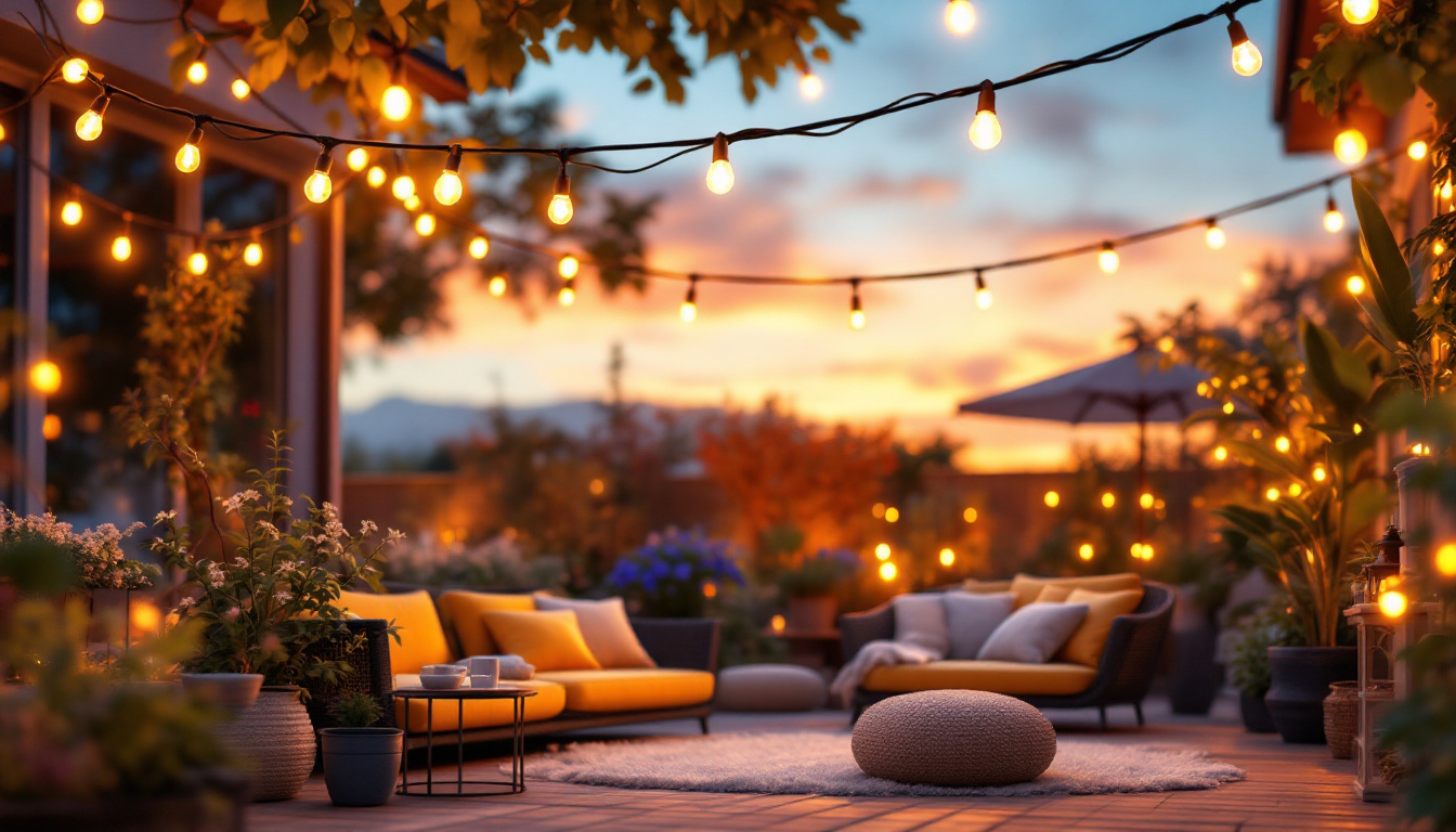 A photograph of a beautifully illuminated outdoor space featuring an array of solar-powered string lights