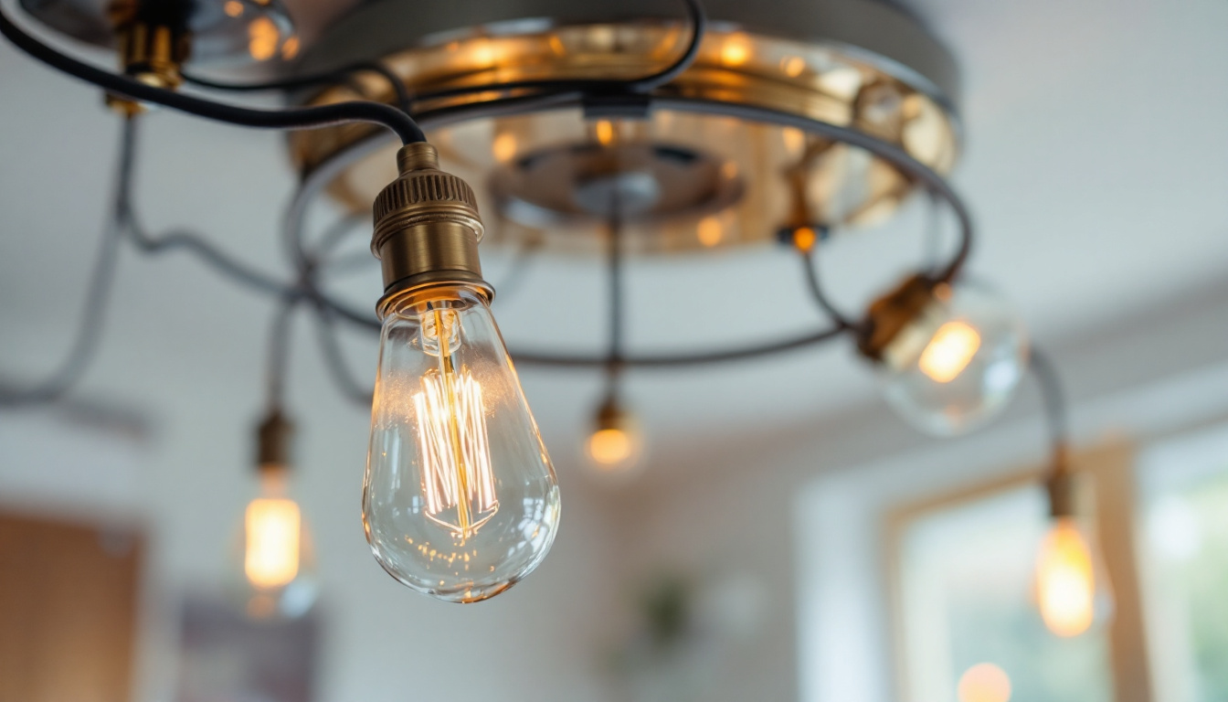 A photograph of a close-up shot of a beautifully designed metal ceiling light fixture