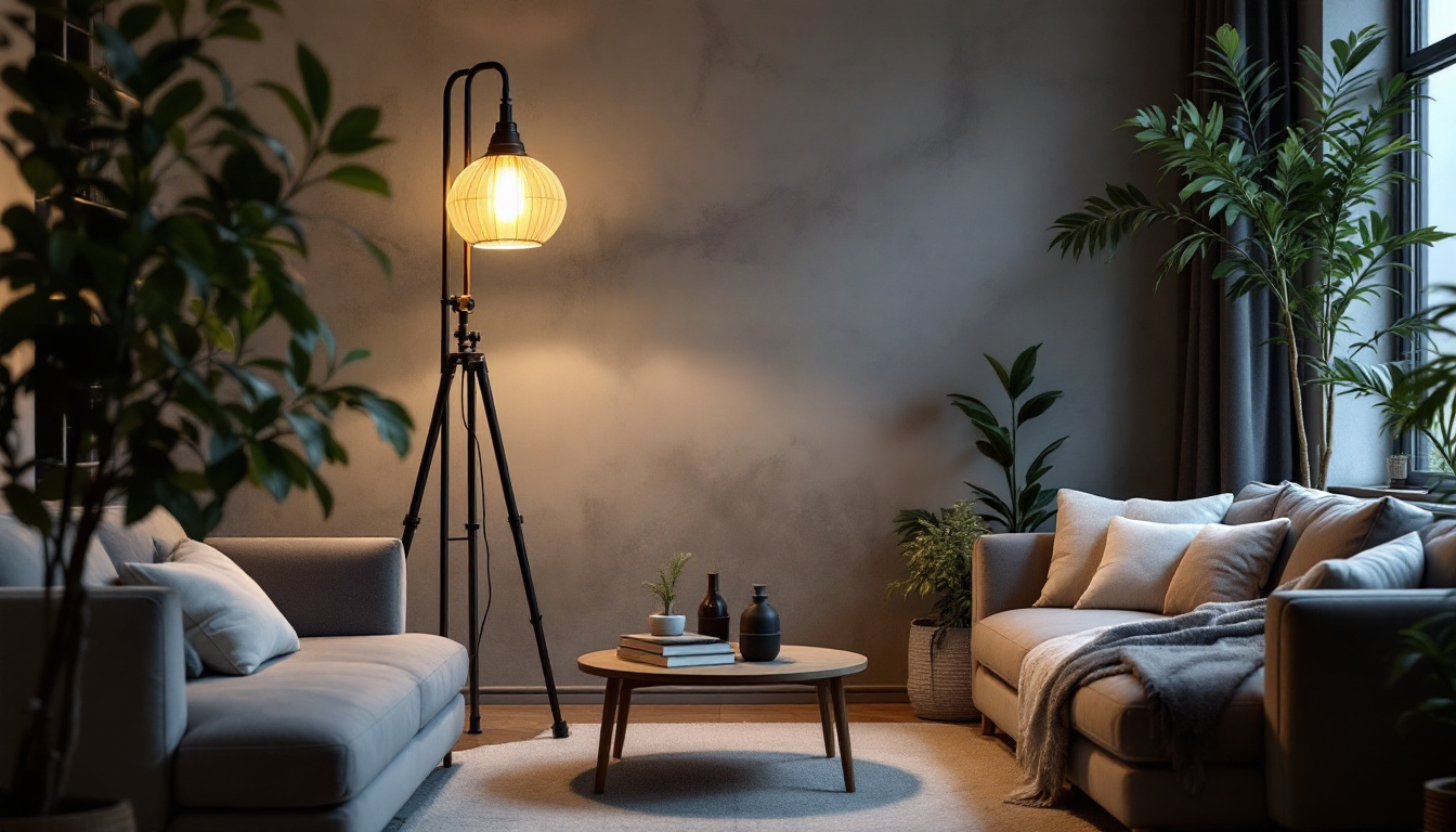 A photograph of a stylish industrial floor lamp in a cozy