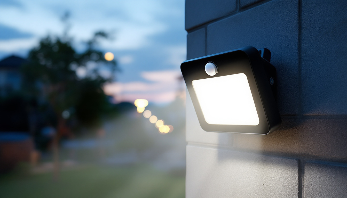 A photograph of a modern motion sensor floodlight illuminating a dynamic outdoor scene at dusk