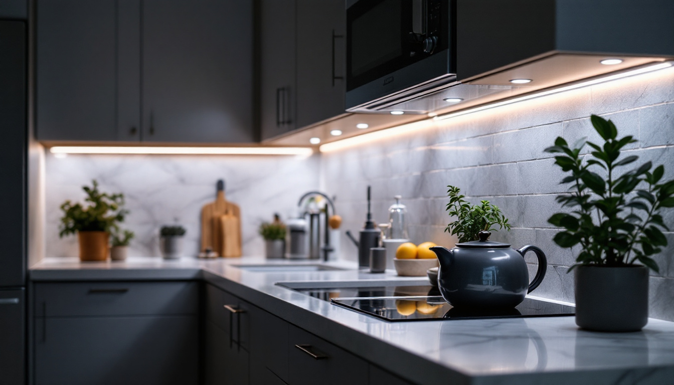 A photograph of a beautifully lit kitchen showcasing under-cabinet lighting that highlights the countertops and creates an inviting atmosphere