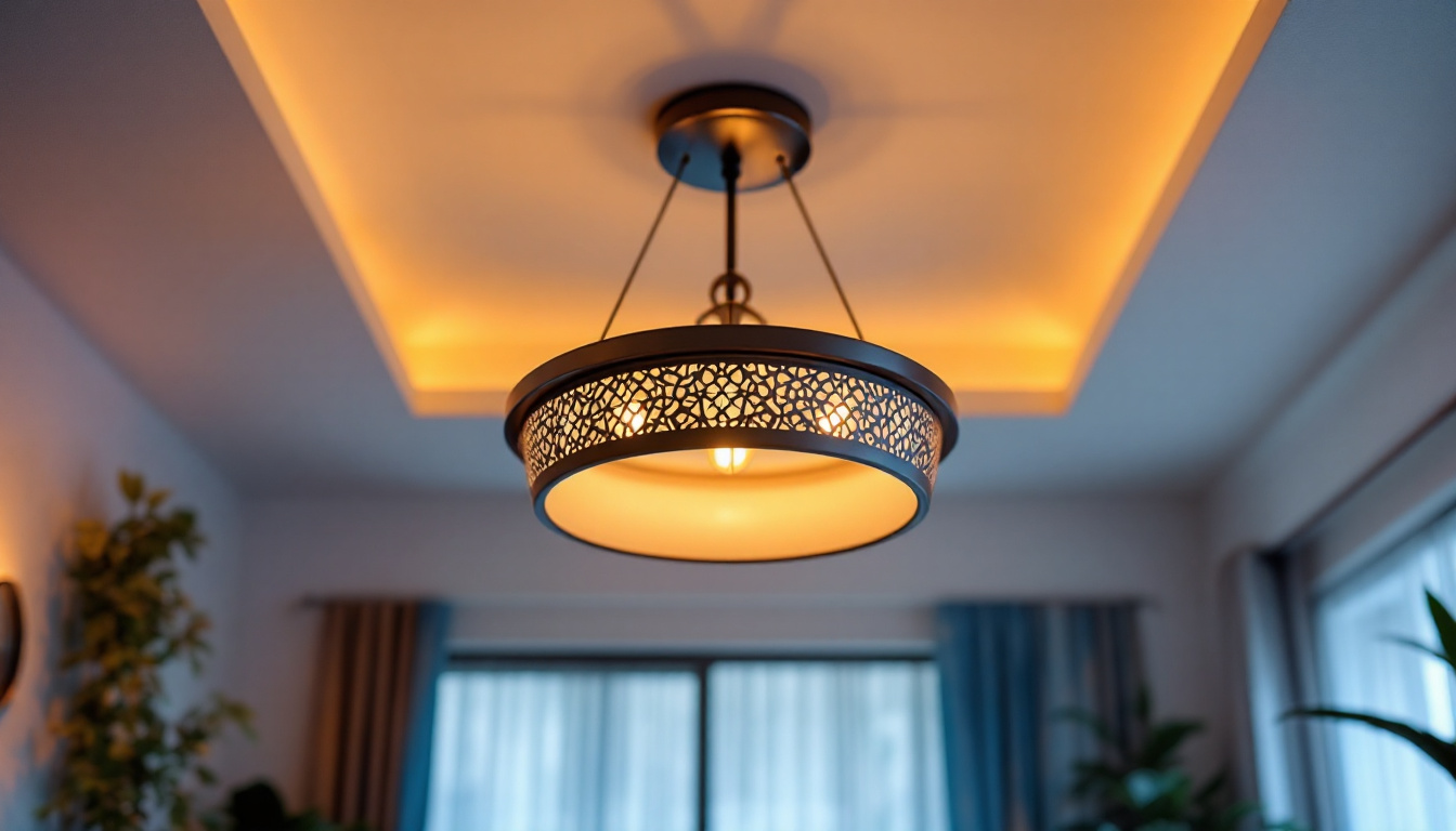 A photograph of a beautifully designed ceiling-mounted light fixture illuminating a stylish room