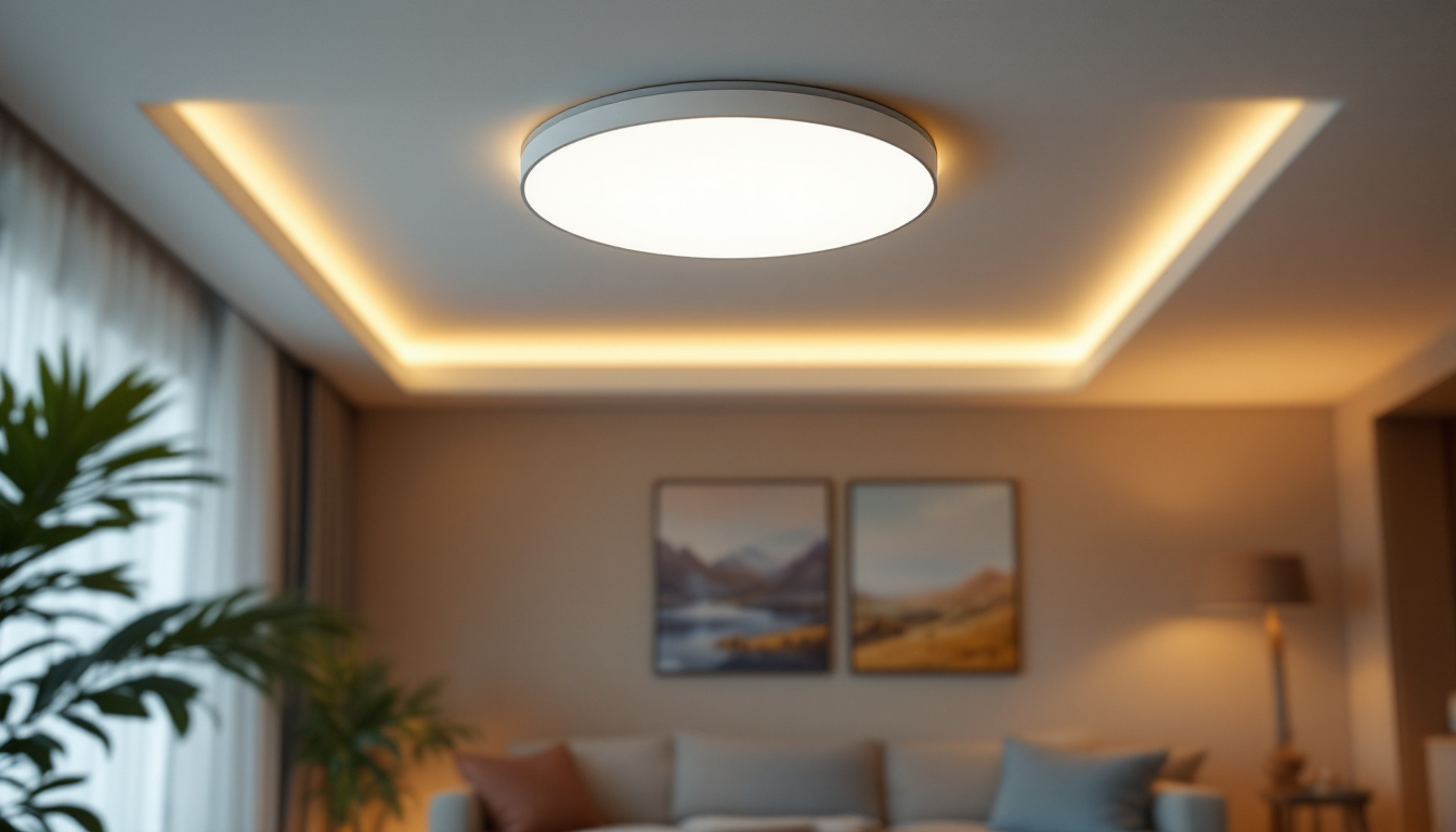 A photograph of a beautifully designed modern flush mount led ceiling light illuminating a stylishly decorated room