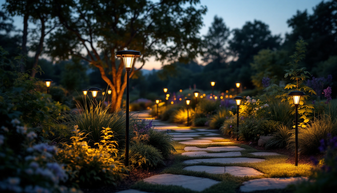 A photograph of a beautifully lit garden at dusk