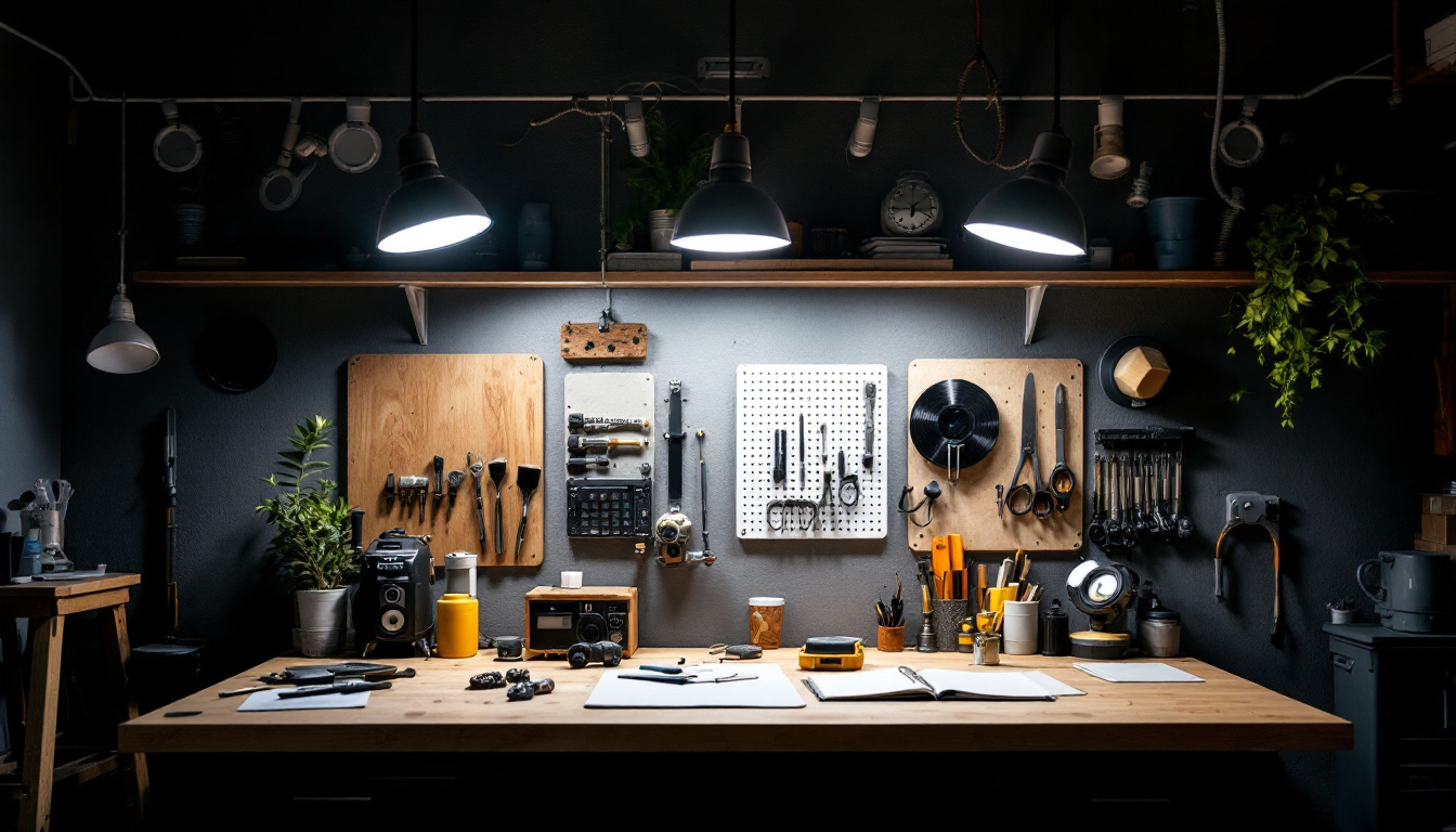 A photograph of a well-lit workspace featuring the 48 led shop lights in action