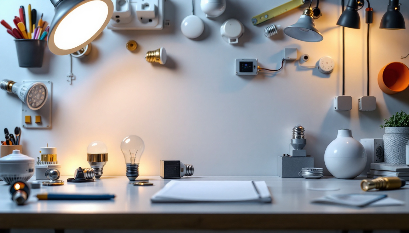 A photograph of capture a photograph of a well-lit workspace featuring a variety of led light fixture components