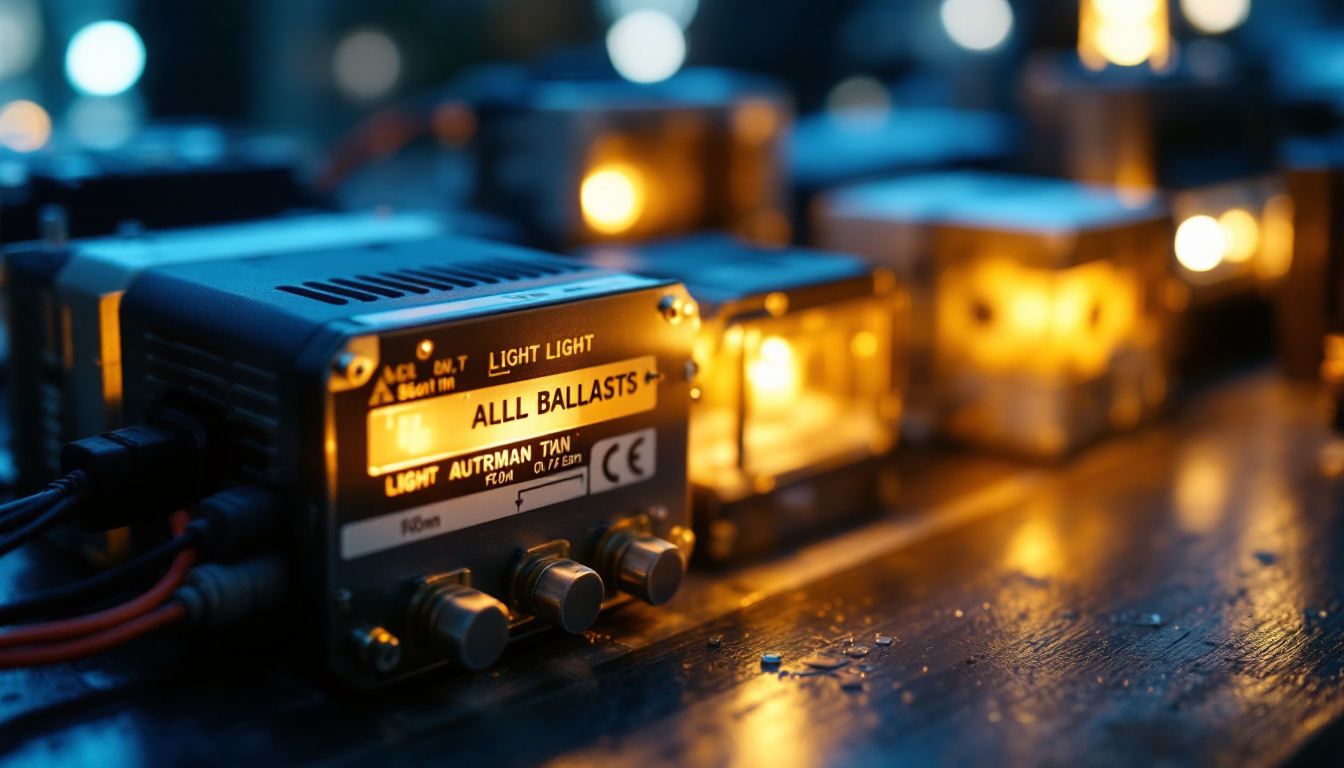 A photograph of a close-up of various types of light ballasts alongside illuminated light fixtures