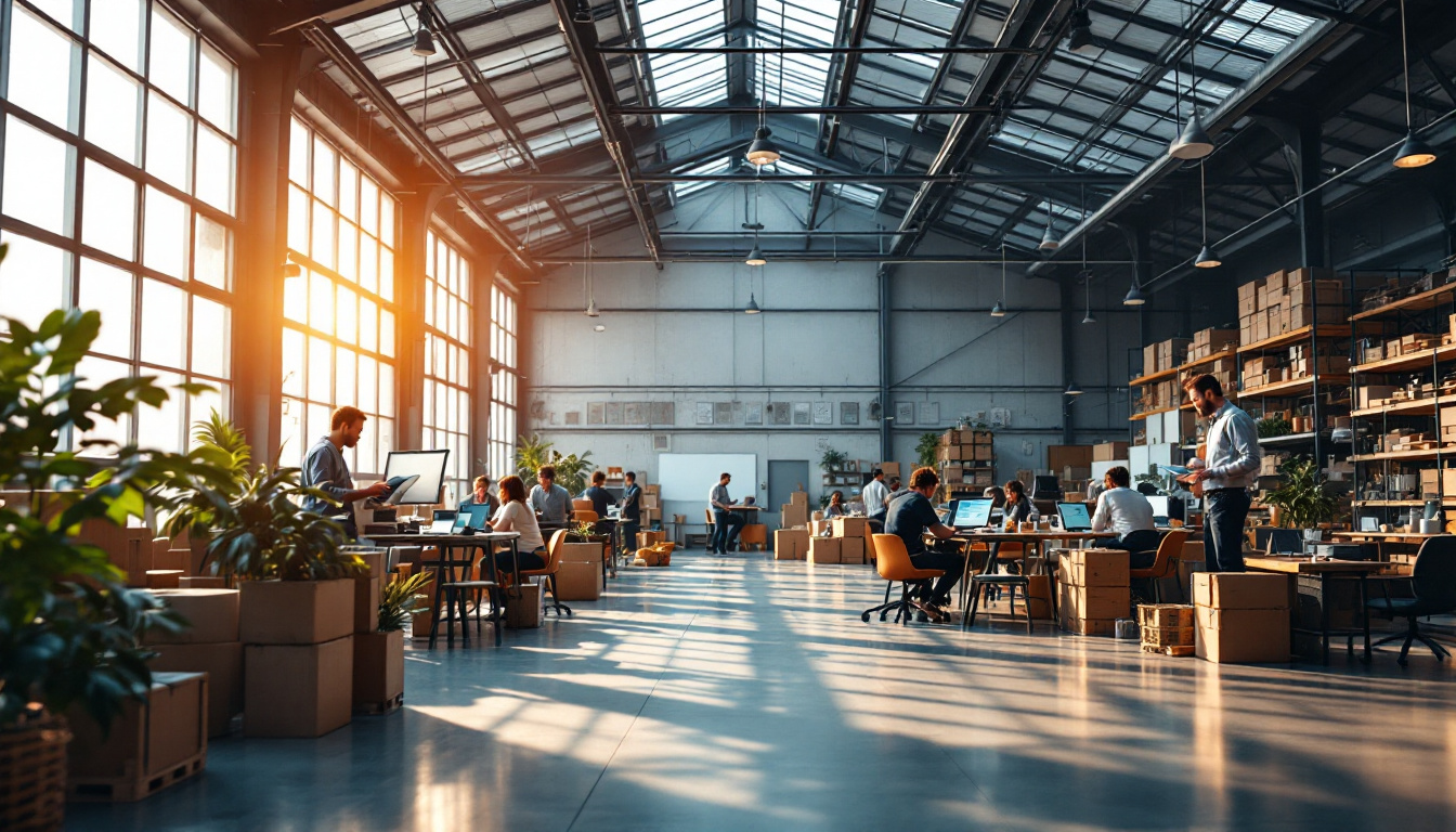 A photograph of a modern workplace or warehouse featuring large windows or skylights that allow natural light to flood the space