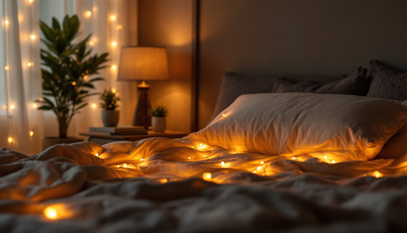 A photograph of a cozy bedroom scene featuring soft