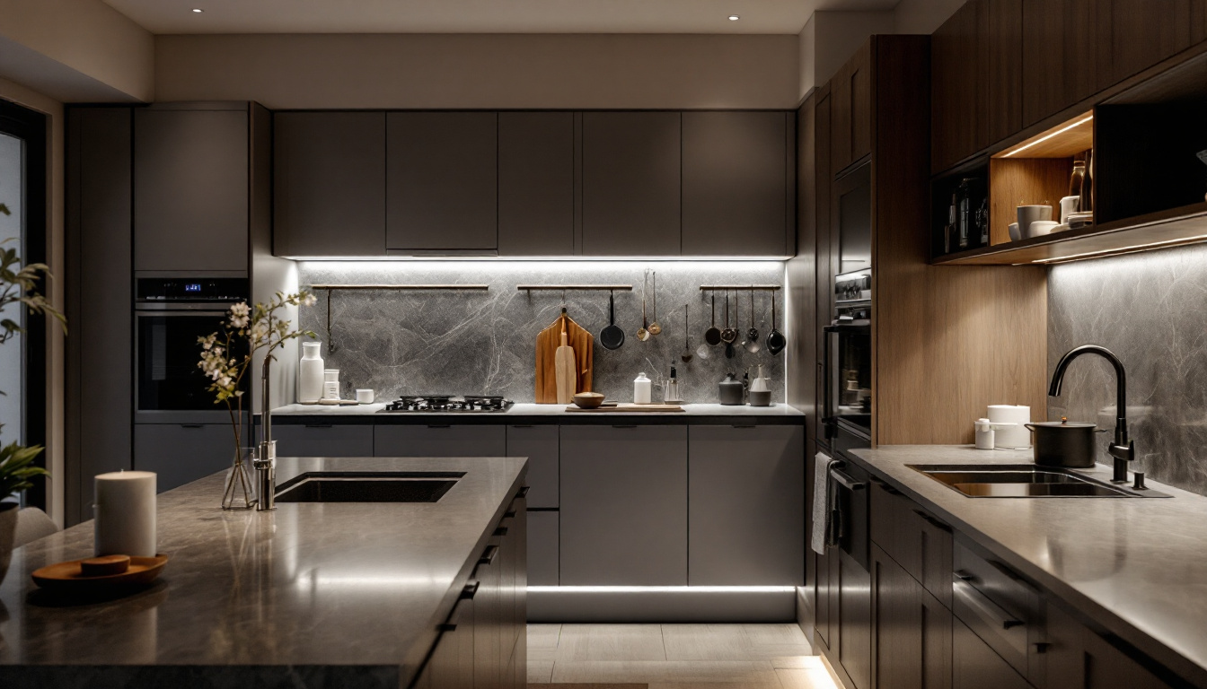 A photograph of a beautifully designed kitchen featuring stylish under-cabinet lighting that highlights the countertops and enhances the overall ambiance