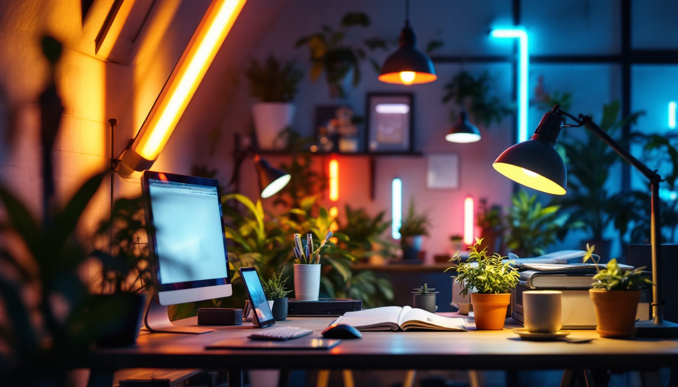 A photograph of a well-lit workspace featuring a variety of fluorescent led lamps in use