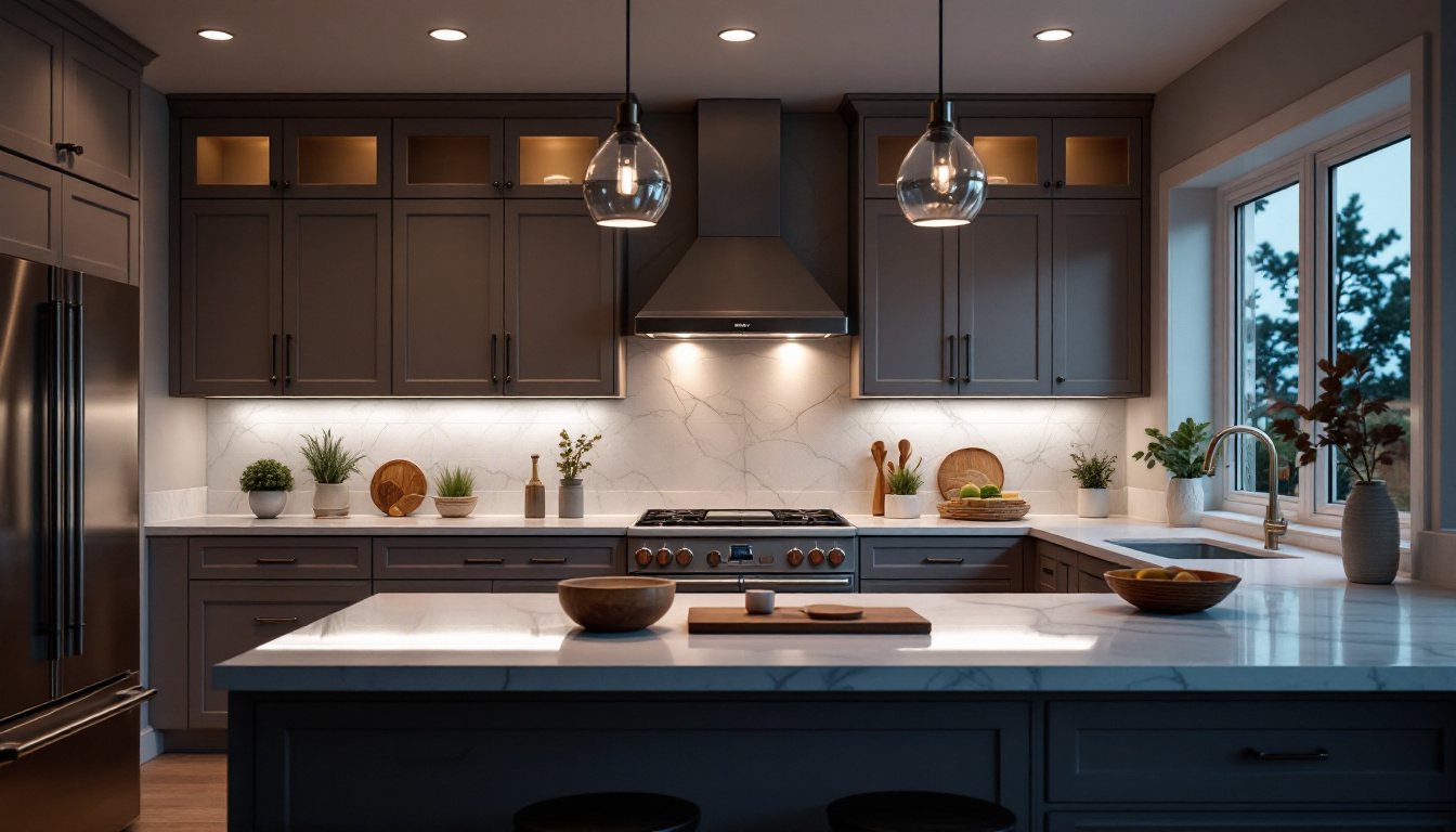A photograph of a beautifully designed kitchen featuring various styles of recessed lighting