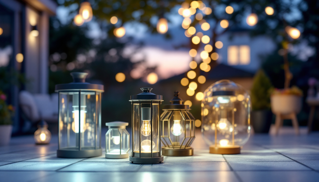 A photograph of a beautifully illuminated outdoor space showcasing a variety of modern lighting fixtures