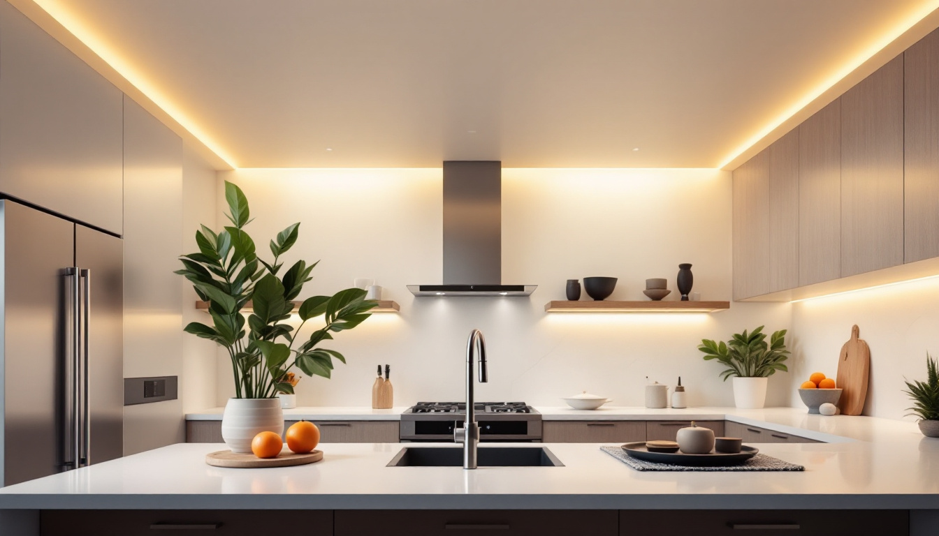 A photograph of a modern kitchen featuring sleek