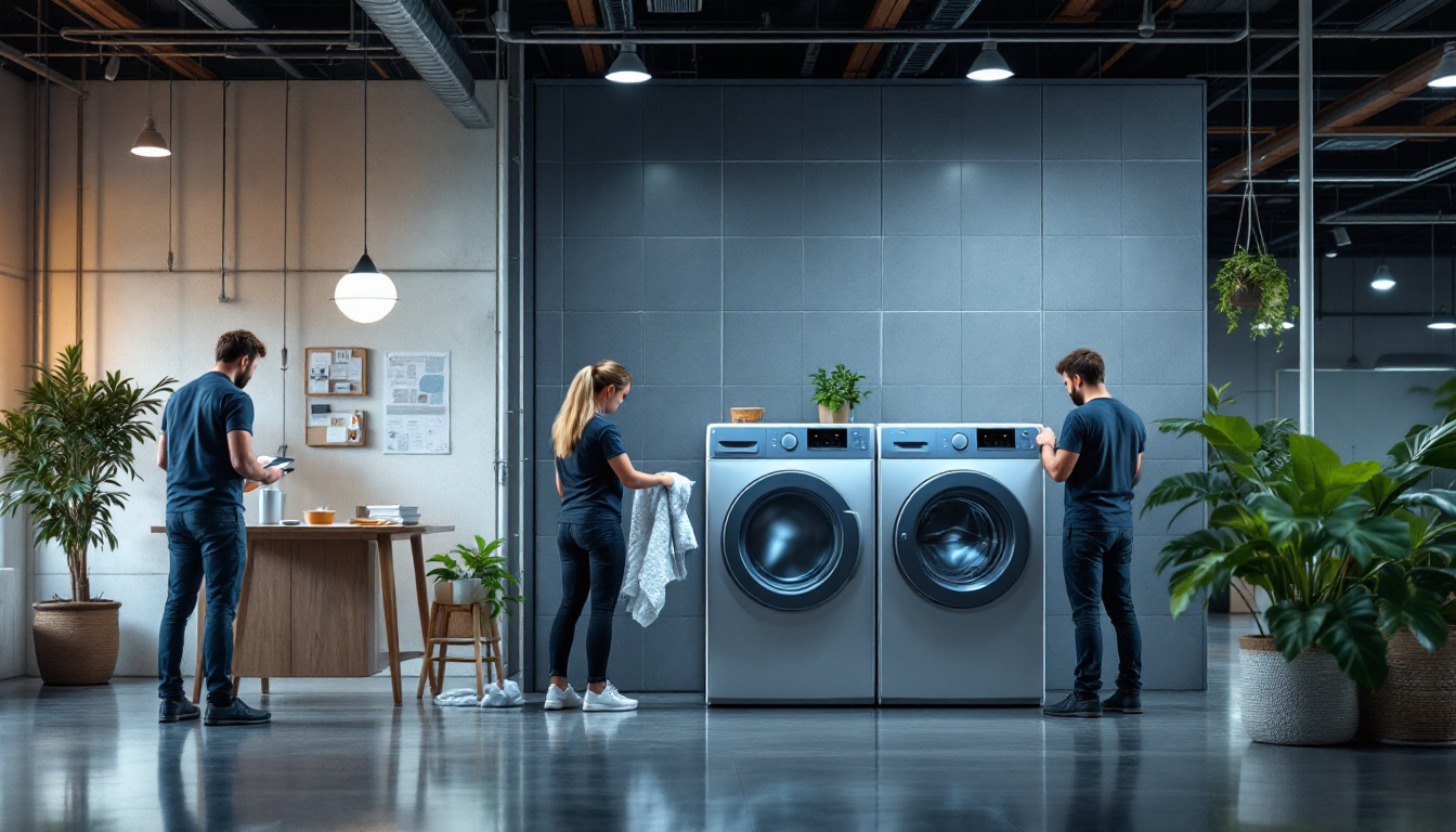 A photograph of a modern workplace or warehouse setting featuring a washer and dryer outlet in use