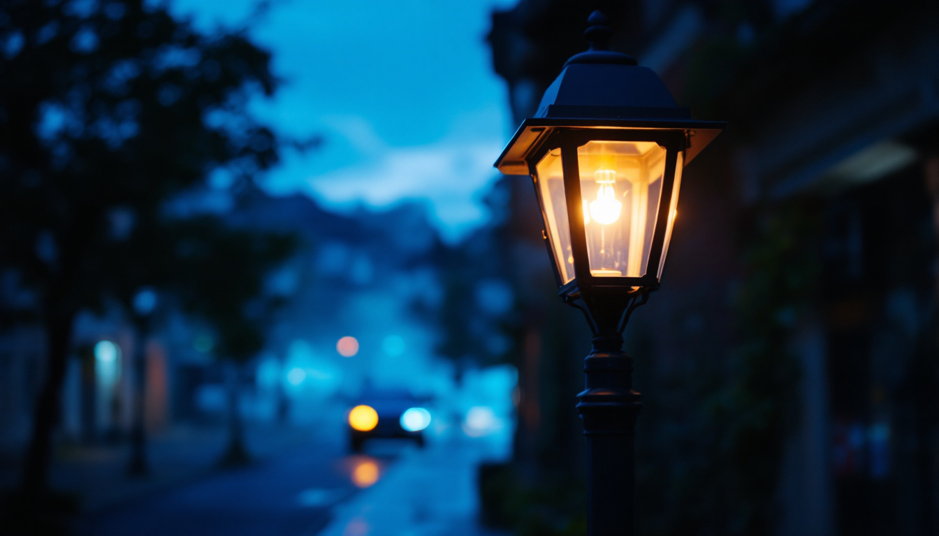A photograph of capture a photograph of a beautifully illuminated street light post casting a warm glow on a quiet urban street at dusk
