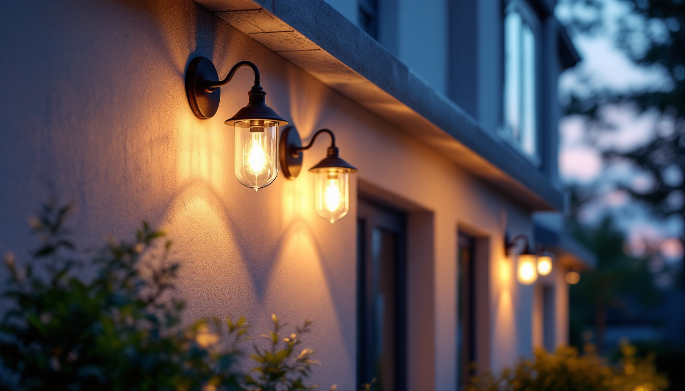 A photograph of a beautifully lit outdoor space featuring a variety of stylish house light fixtures