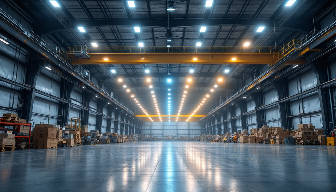 A photograph of a spacious industrial or commercial interior illuminated by high bay led lights