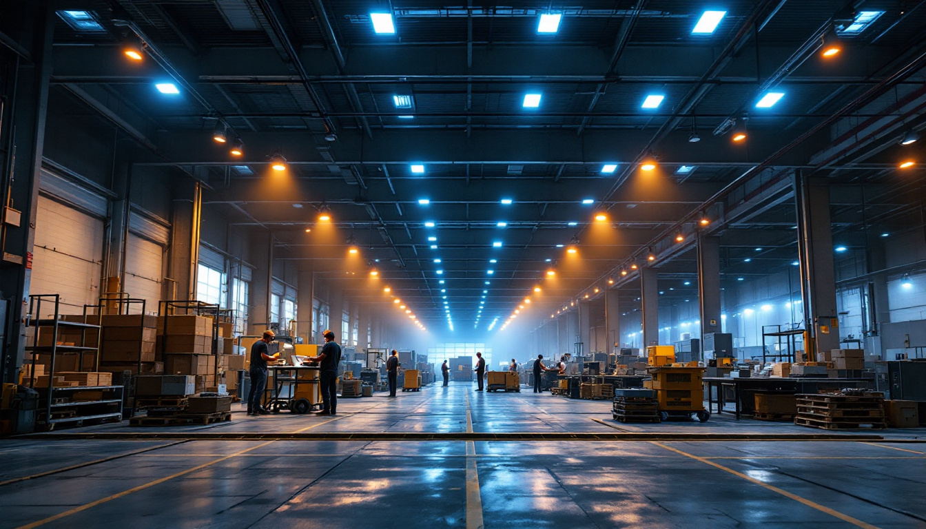 A photograph of a modern workplace or warehouse illuminated by led dusk-to-dawn lights