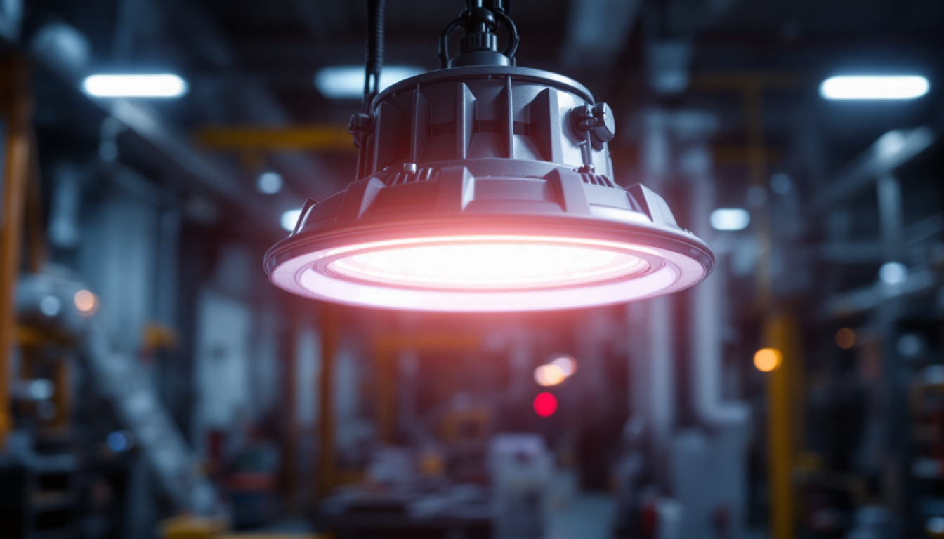 A photograph of a modern explosion-proof light fixture in an industrial setting