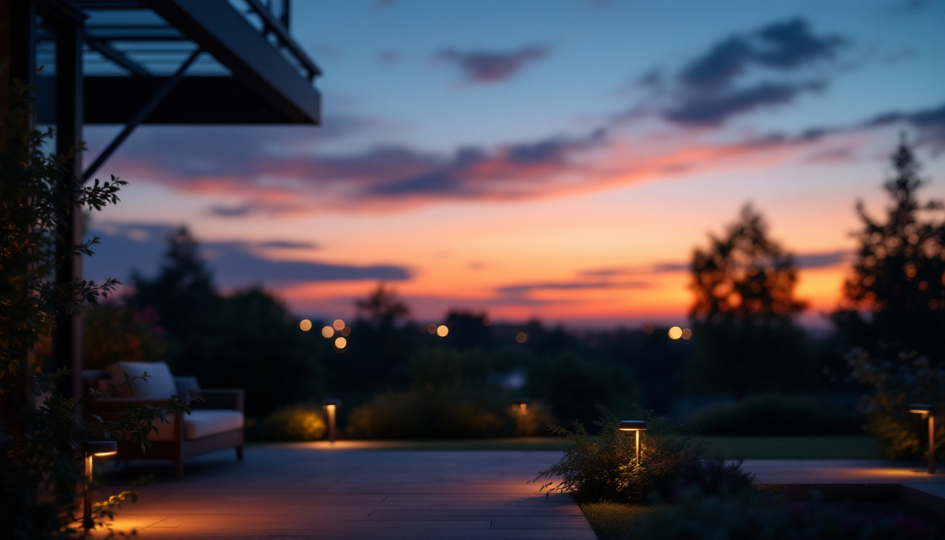 A photograph of a beautifully illuminated outdoor space at dusk