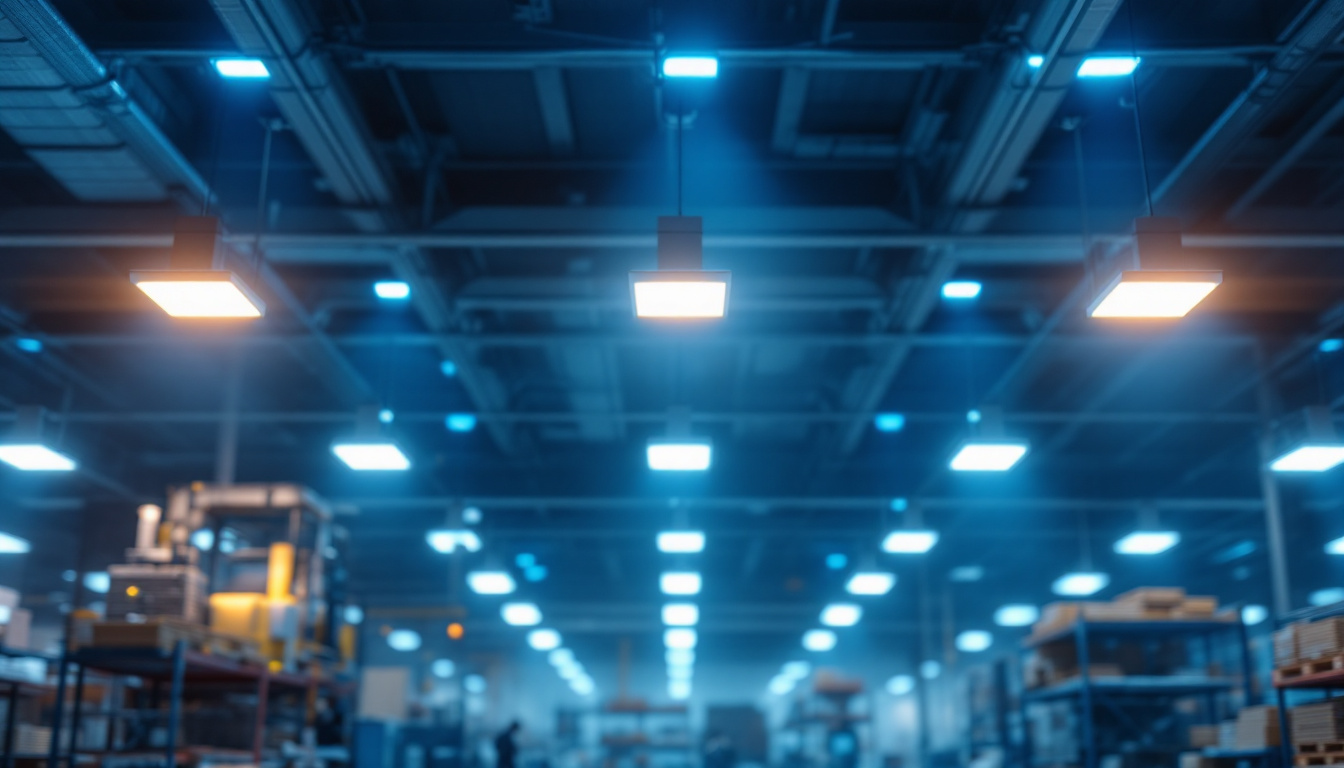 A photograph of a modern workplace or warehouse interior showcasing sleek led recessed ceiling light fixtures illuminating the space