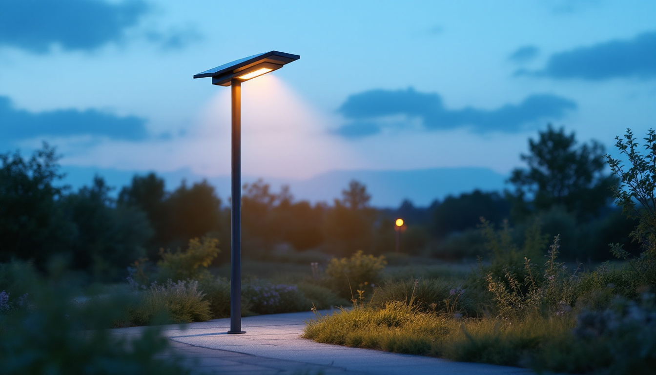 A photograph of a modern solar light post illuminated at dusk