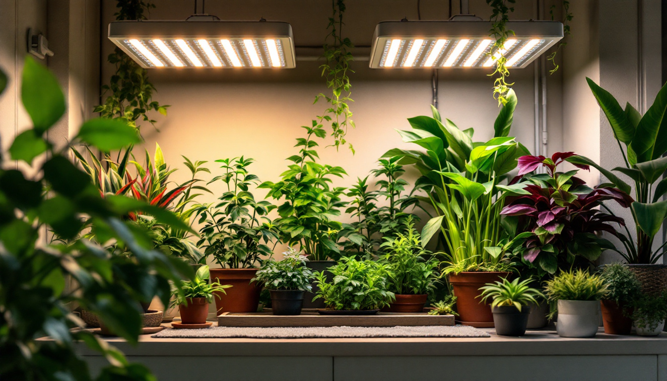 A photograph of a modern indoor garden setup featuring a variety of plants thriving under advanced led grow lights