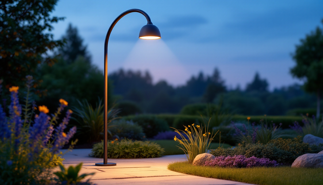 A photograph of a modern gooseneck outdoor light installed in a beautifully landscaped setting during twilight