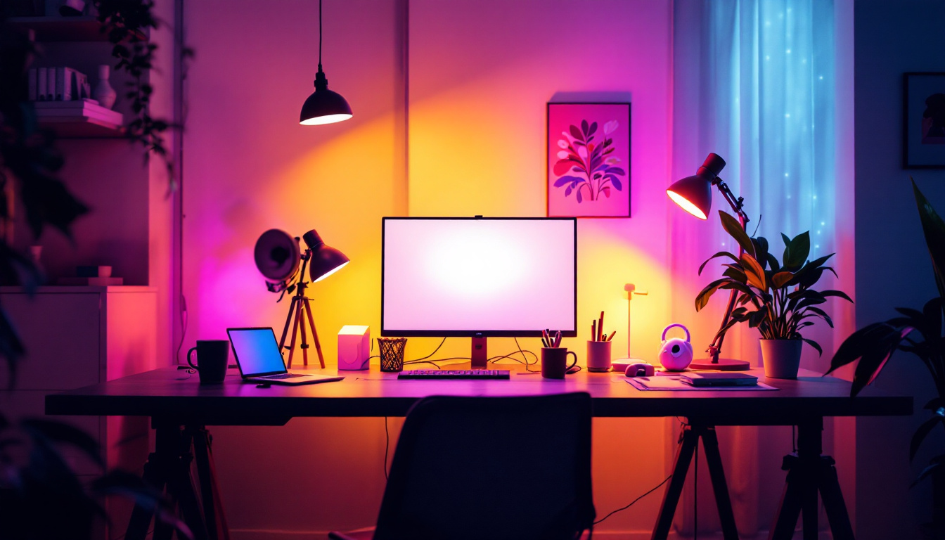 A photograph of a well-lit workspace showcasing various led fixtures in use
