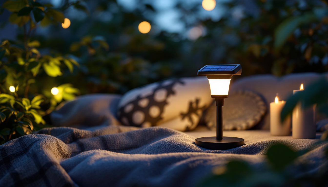 A photograph of a mini solar lamp illuminating a cozy outdoor space at dusk